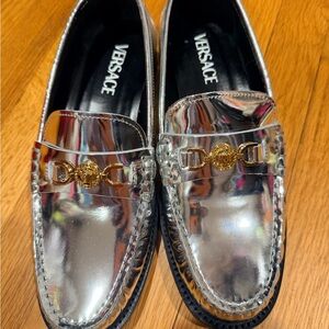 Versace Metallic Silver Loafers with Gold Detailing brand new with box and bags